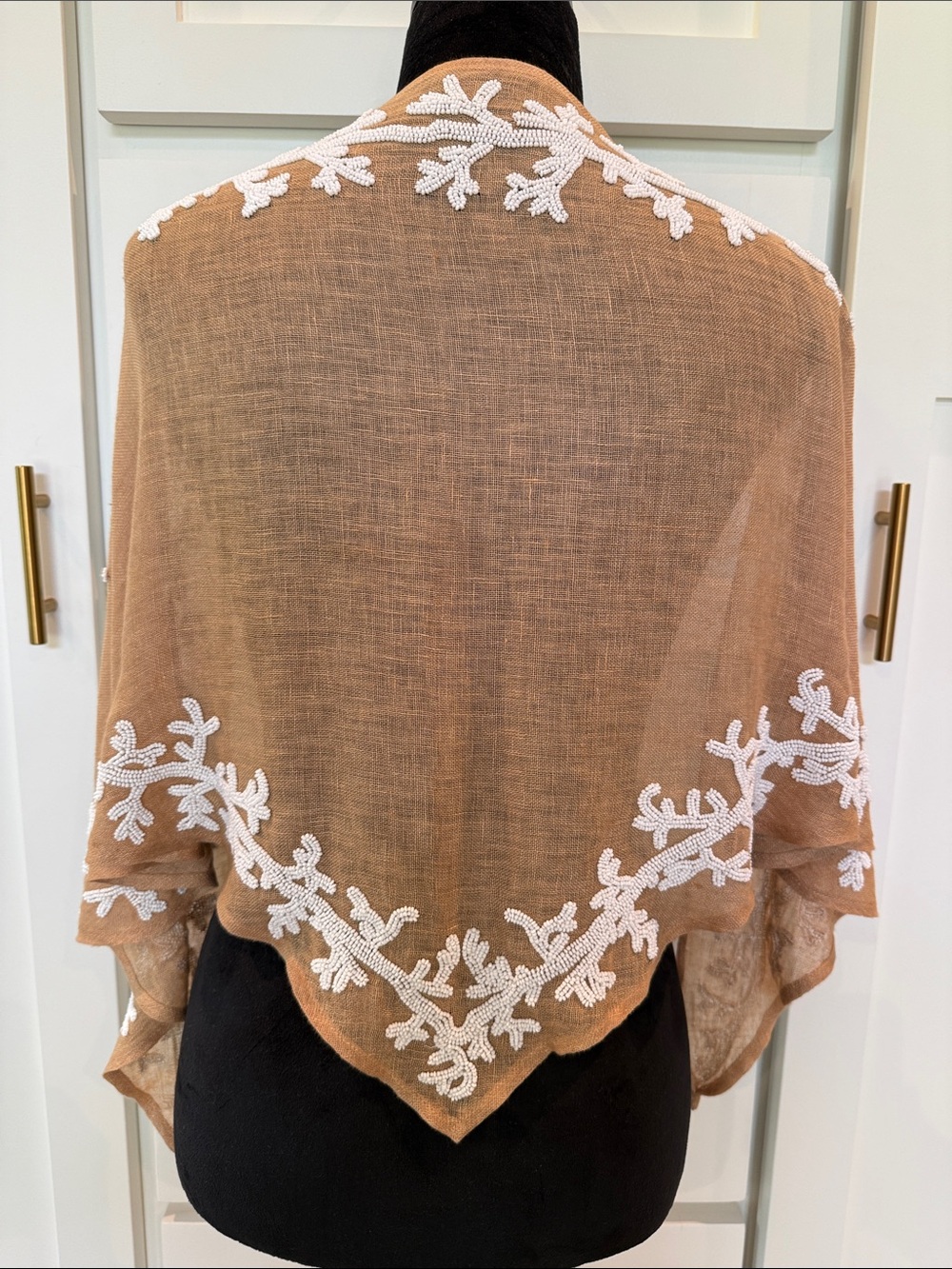 Muslin Shawl with White Beaded Leaf Embroidery